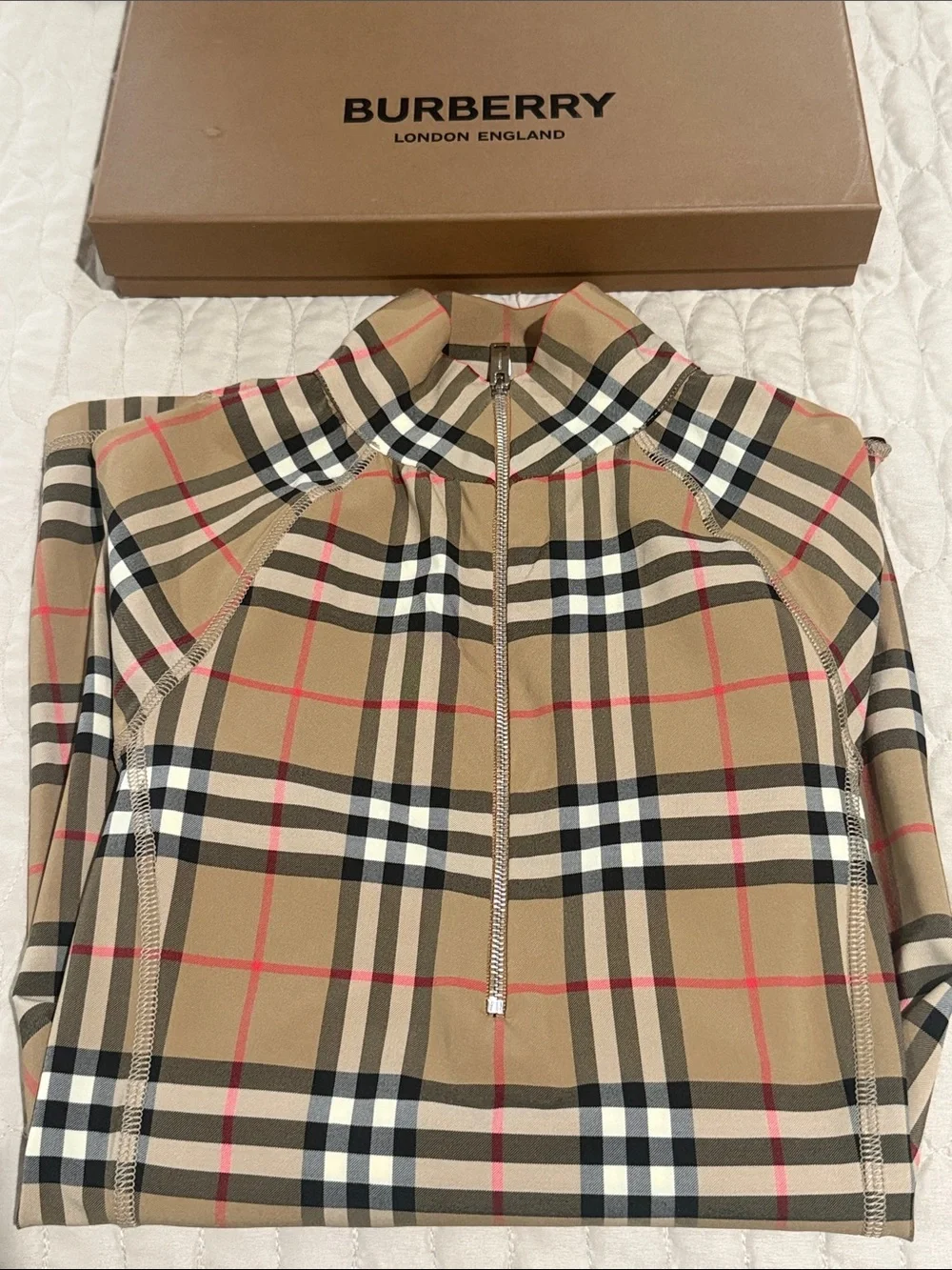 Burberry Beige Vintage Check Zip Neck Top